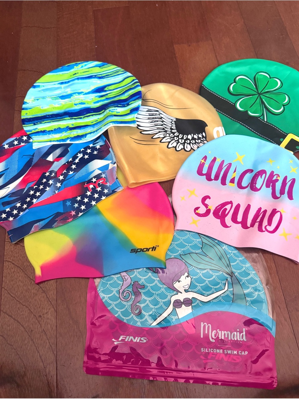 Fun lot of 7 - EUC swim caps - Sporti, Finis, Arena, TYR, Speedo